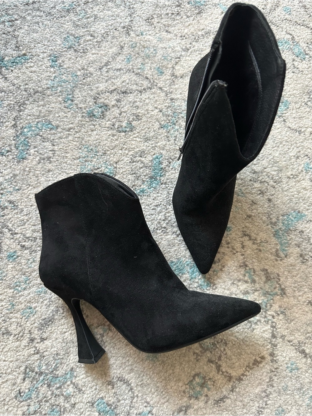 Black Suede Pointed Ankle Booties with Sculpted Heel